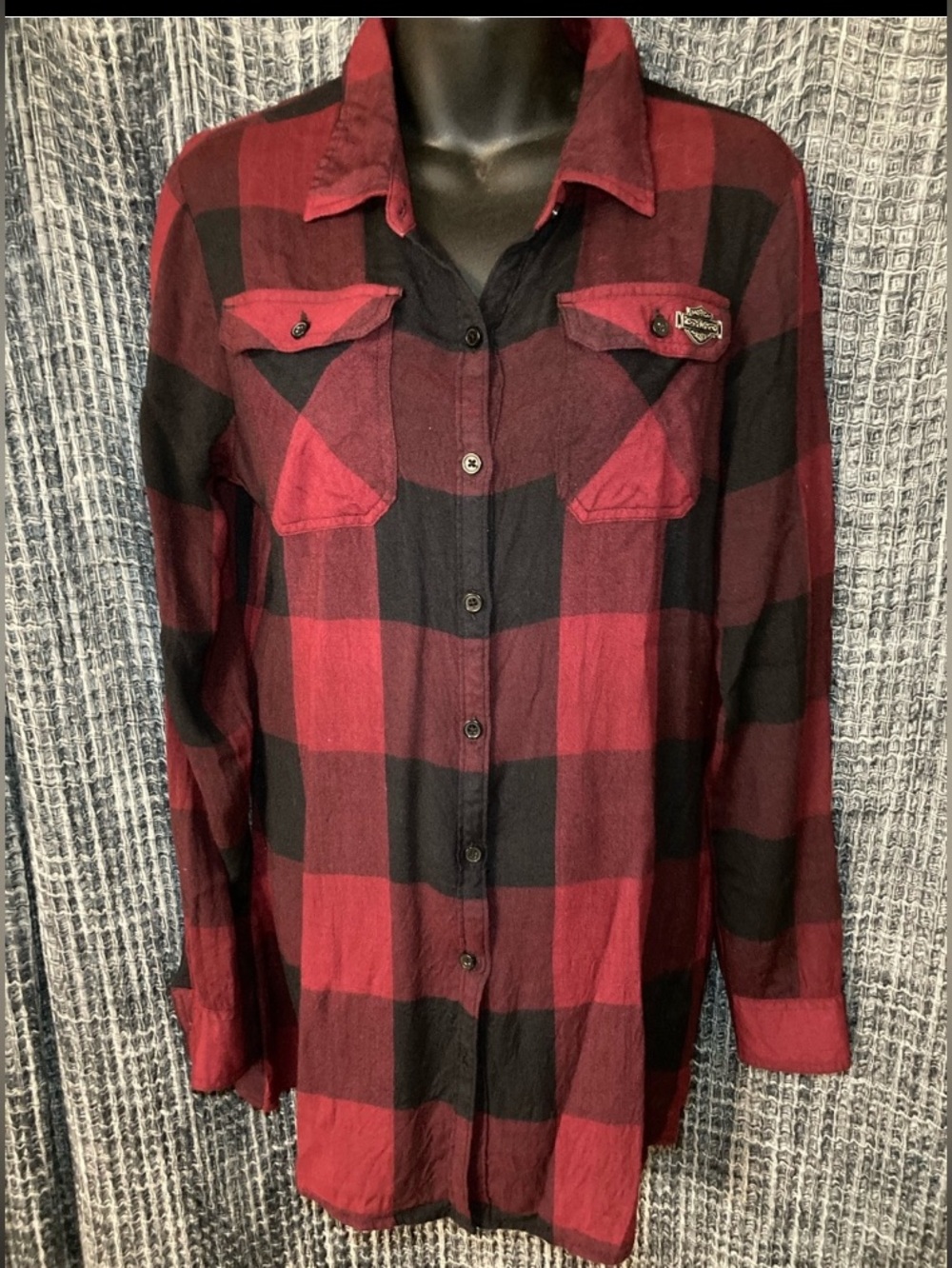 Harley Davidson Red and Black Plaid Button-Up Shirt with Metal Crest Pin